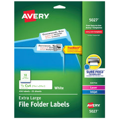 LABEL FILE FOLDER 15/16X3-7/16 IN WHITE PK OF 450 AVE5027