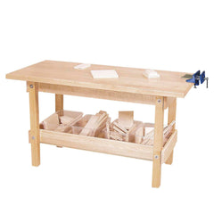 PLAY FURNITURE WOOD WORKBENCH 24HX44WX20D W/4 CLEAR TRAYS AND ASST WOOD PIECES