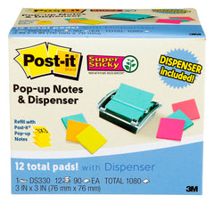 PAPER POST-IT NOTE SUPR STK POP-UP 3X3 DISPNSR W/PACK OF 12