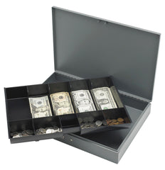 CASH BOX W/ 2 KEYS 10 COMPARTMENTS 12 X19 X3 3/4 GRAY