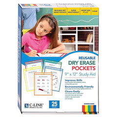 DRY ERASE POCKET REUSABLE 9X12 ASST PRIMARY COLORS PACK OF 25