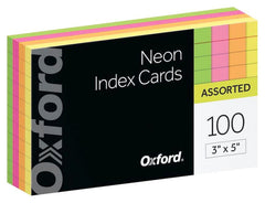 INDEX CARDS 3X5 RULED ASST NEON COLORS OXFORD PK OF 100