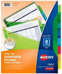 DIVIDERS PLASTIC INSERTABLE POCKET 8 TAB ASST AVE11903