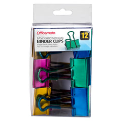 BINDER CLIPS MEDIUM EASY GRIP METALLIC ASSORTED PACK OF 12