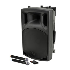 QTX QX series portable powered PA unit with 2 VHF microphones