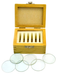 SET GLASS LENSES IN WOODEN STORAGE BOX