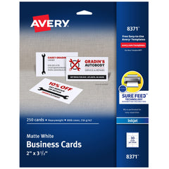 BUSINESS CARDS INKJET AVERY 2X3.5 IN MATTE WHITE PK OF 250 AVE8371