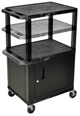 CART - LUXOR ADJUSTABLE 3 SHELF WITH CABINET 24X18X24-1/2 - 42 TUFFY CART WITH POWER - BLACK SHELVES - BLACK LEGS - BLACK CABINET