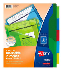 DIVIDERS PLASTIC INSERTABLE DOUBLE POCKET 5-TAB ASST AVE11906