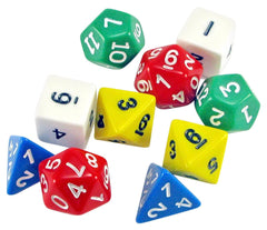 DICE POLYHEDRA ASSORTED COLORS SET OF 10