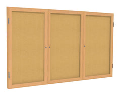 ENCLOSED MESSAGE BOARD - GHENT - NATURAL CORK BULLETIN BOARD - 3 DOOR - OAK WOOD FRAME - 4 H X 6 W FT