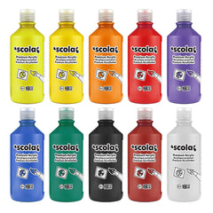 Assorted acrylic paints in 500ml bottles by Tilgear, displayed in a pack of 10 for art and craft projects.