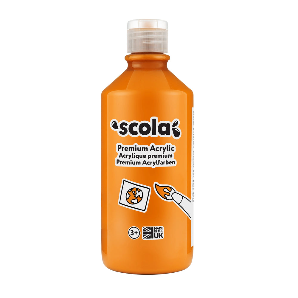 Orange acrylic paint bottle by Tilgear, 500ml for arts and crafts, showing the vibrant orange color and clear label.