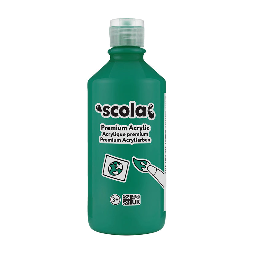 500ml bottle of Tilgear Mid Green acrylic paint for art and craft projects, shown with the open paint container and brush.