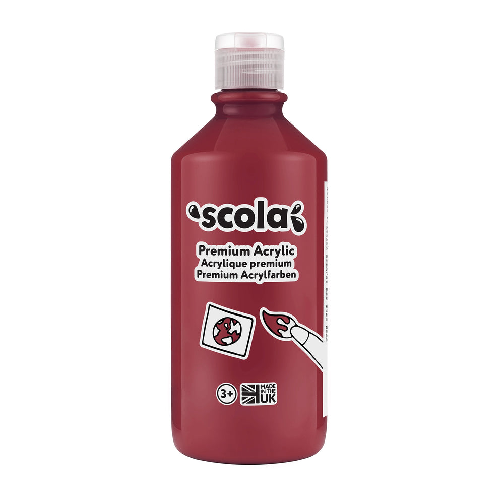 Dark red acrylic paint in a 500ml bottle from Tilgear, suitable for art and craft projects, with a smooth, glossy finish.