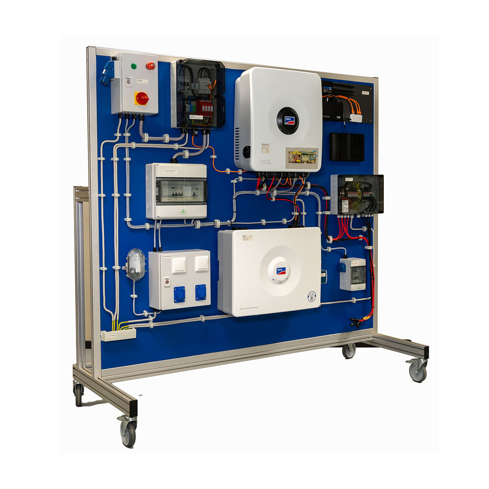 Christian Modern Compact PV Trainer from Tilgear showing electronic components and PV system setup on a clean work surface