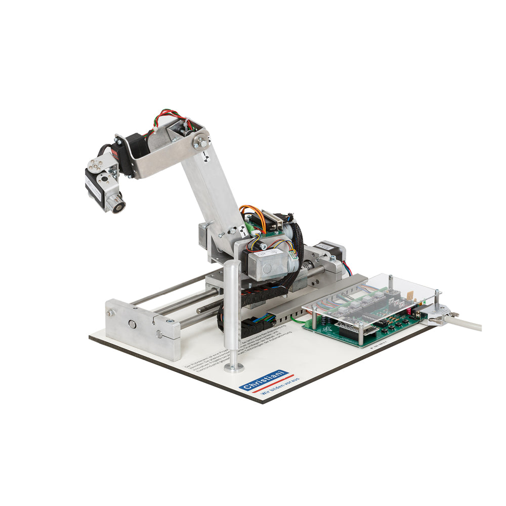 Christiani Project Work Robot Arm V² by Tilgear, showcasing the electronic AV and ICT robot arm kit with detailed mechanical components.
