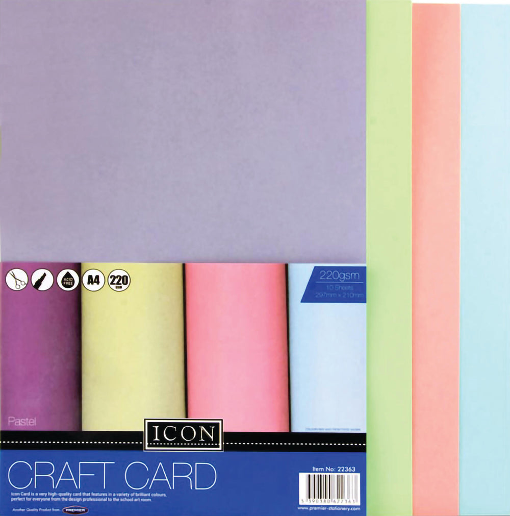 Pack of ten pastel-colored A4 craft cards from Tilgear, 220gsm, ideal for art and craft projects and creative card making.