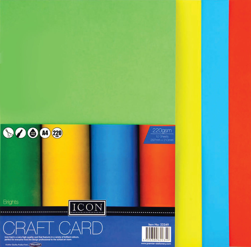 Bright colored craft cards from Tilgear, A4 size, 220gsm, pack of 10, ideal for art and craft projects.