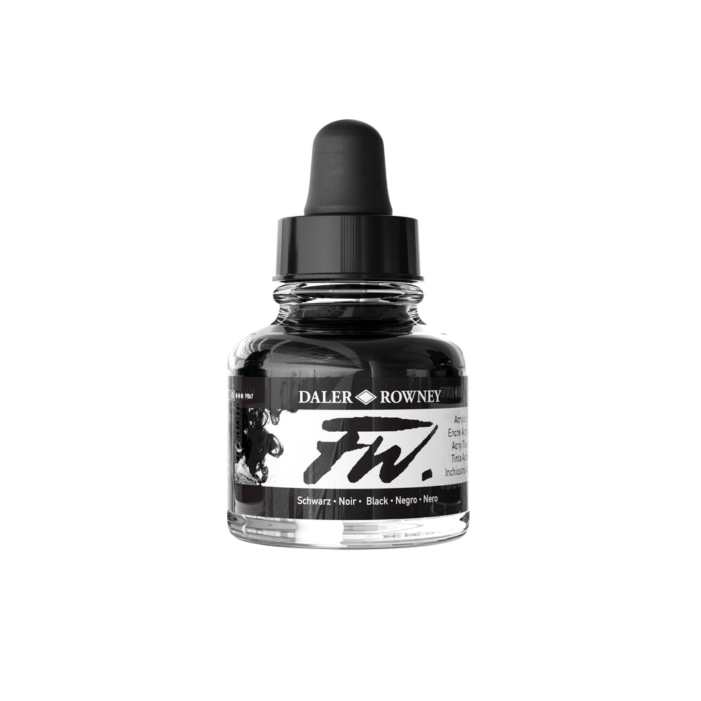 Black India acrylic ink bottle by Daler Rowney, 29.5ml, ideal for art and craft painting projects.
