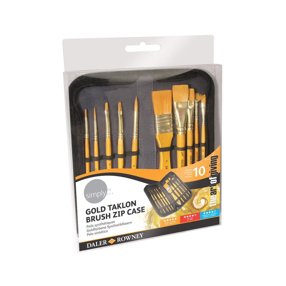 Daler Rowney Gold Taklon brush set with 10 paint brushes for art and craft projects, featuring gold-colored handles and bristle tips.