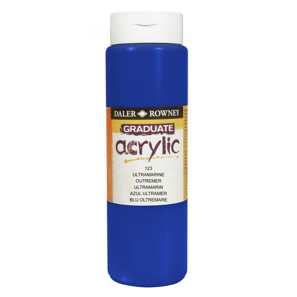Daler Rowney Graduate Acrylic Ultramarine Blue paint 500ml bottle for art and craft projects, designed for artists.