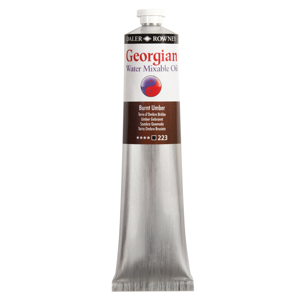 Daler Rowney Georgian Water Mixable Oil Paint in Burnt Umber, 200ml jar, suitable for art and painting projects.