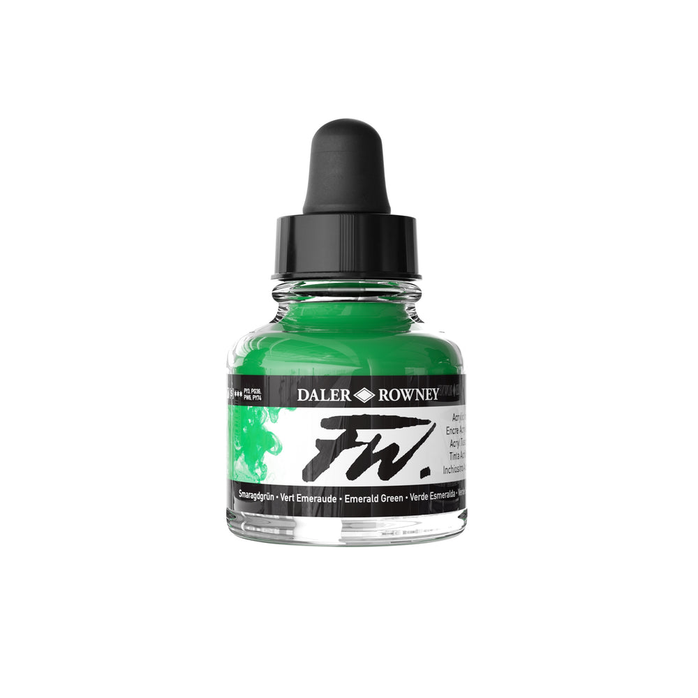 Daler Rowney Emerald Green acrylic ink in a 29.5ml bottle, suitable for art and craft painting projects.