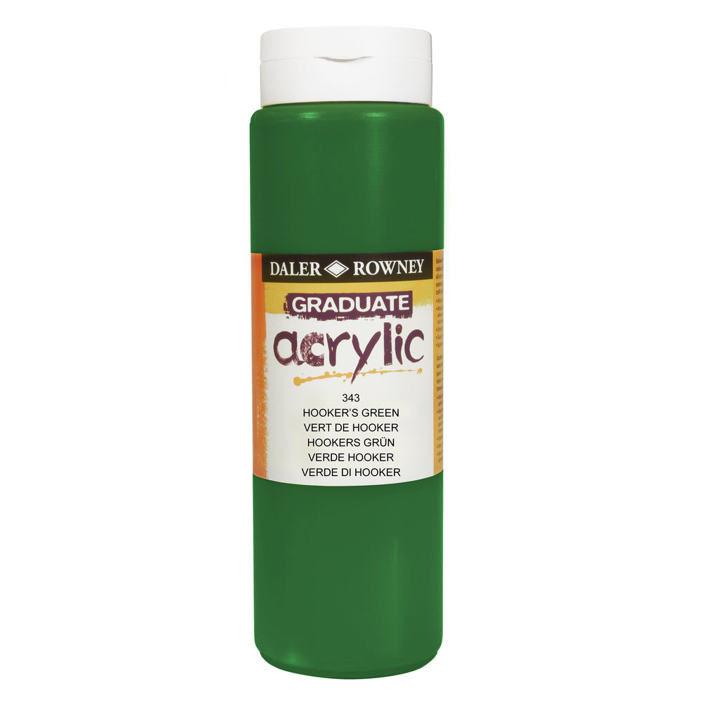 Daler Rowney Graduate Acrylic Hooker's Green paint in 500ml bottle, ideal for art and craft projects, by Tilgear.
