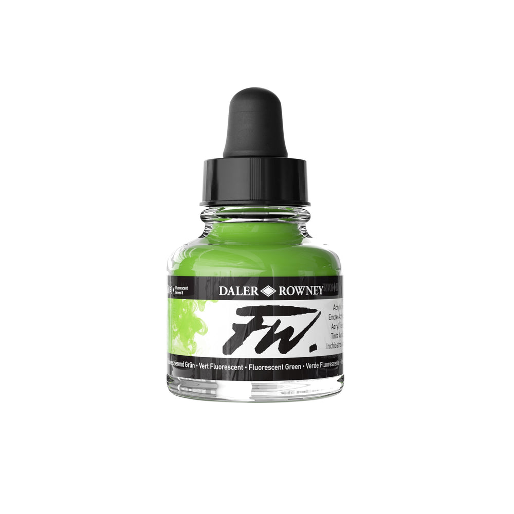 Daler Rowney fluorescent green acrylic ink in 29.5ml bottle, ideal for art and craft painting projects.