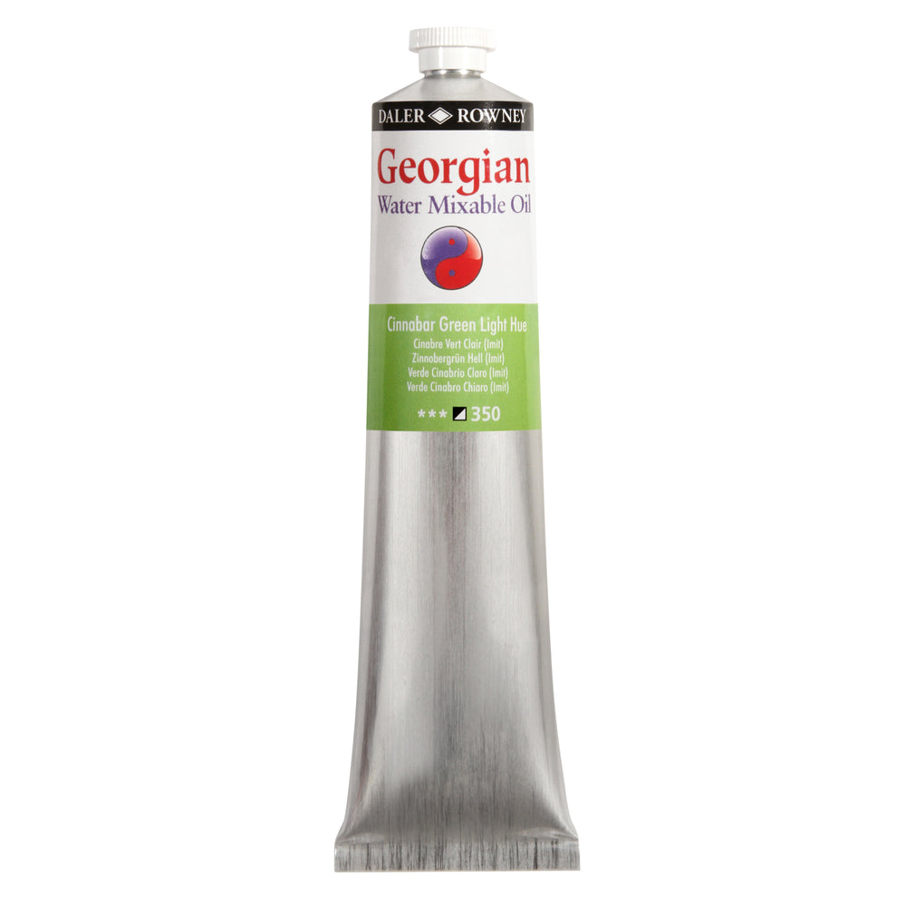 Daler Rowney Georgian Water Mixable Oil Paint in Cinnabar Green Light Hue, 200ml jar, suitable for art and painting projects.