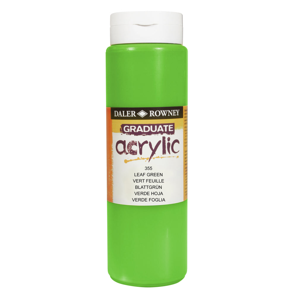 Daler Rowney Graduate Leaf Green acrylic paint 500ml for art and craft projects, shown in a 500ml bottle.