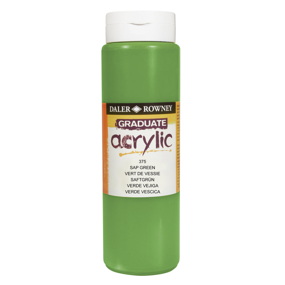 Daler Rowney Graduate Acrylic Sap Green paint in 500ml container, ideal for art and craft painting projects.