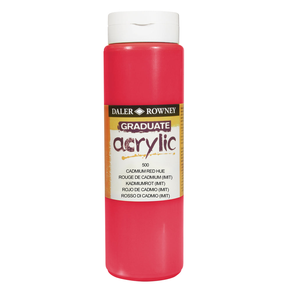Daler Rowney Graduate Acrylic Cadmium Red Hue paint 500ml jar, vibrant red color for art and craft projects.