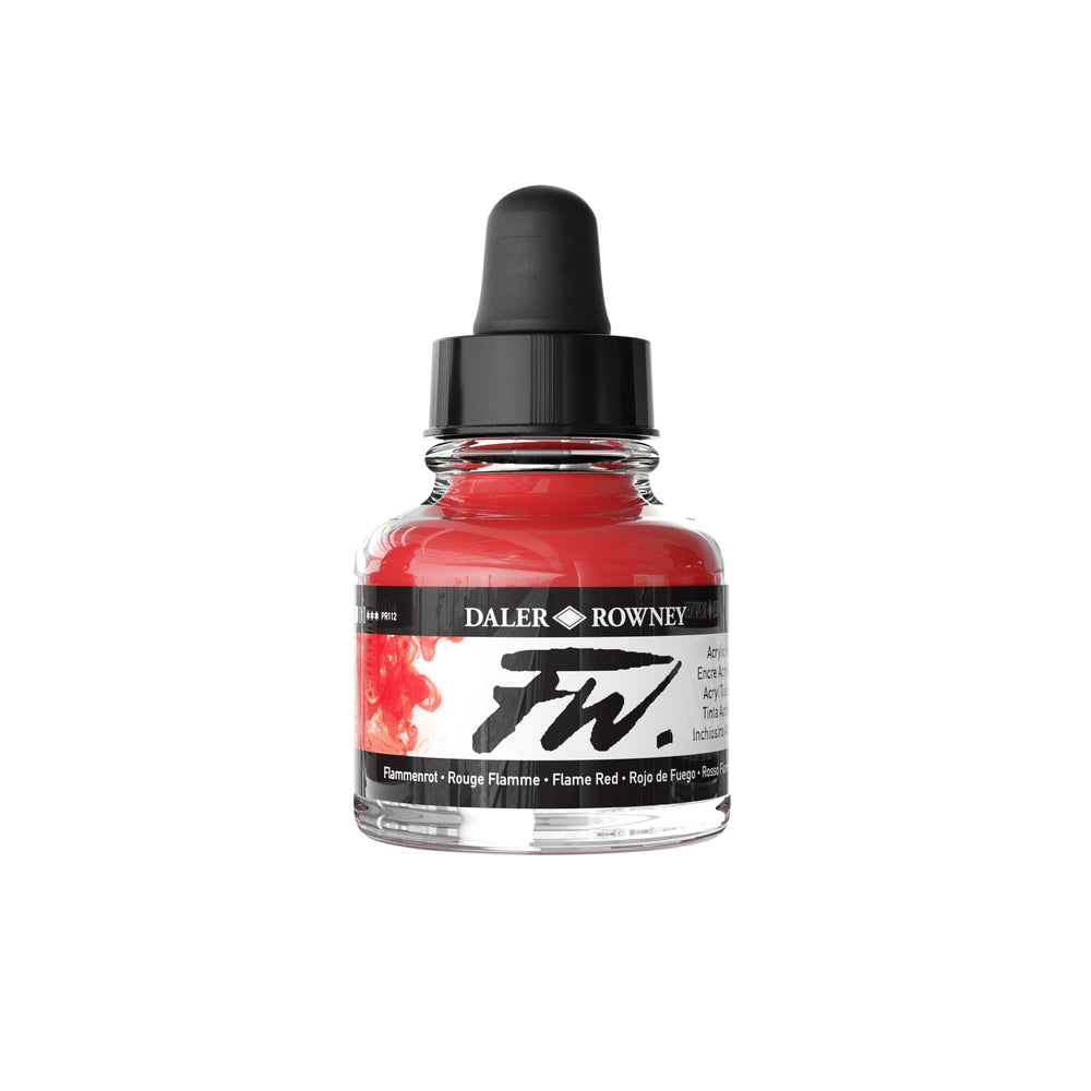 Daler Rowney Flame Red acrylic ink in a 29.5ml bottle, suitable for art and craft painting projects.