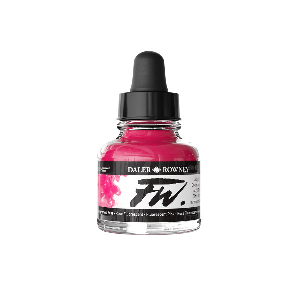 Daler Rowney fluorescent pink acrylic ink in 29.5ml bottle, vibrant art paint for creative projects and mixed media artwork.