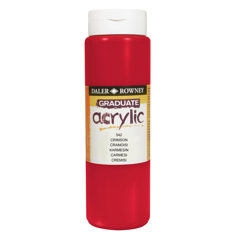 Daler Rowney Graduate Acrylic Crimson paint in 500ml bottle, ideal for art and craft painting projects.