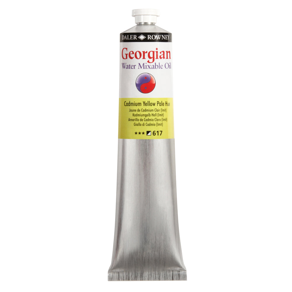 Daler Rowney Georgian Water Mixable Oil Paint in Cadmium Yellow Pale Hue, 200ml, with a paint tube and color label.