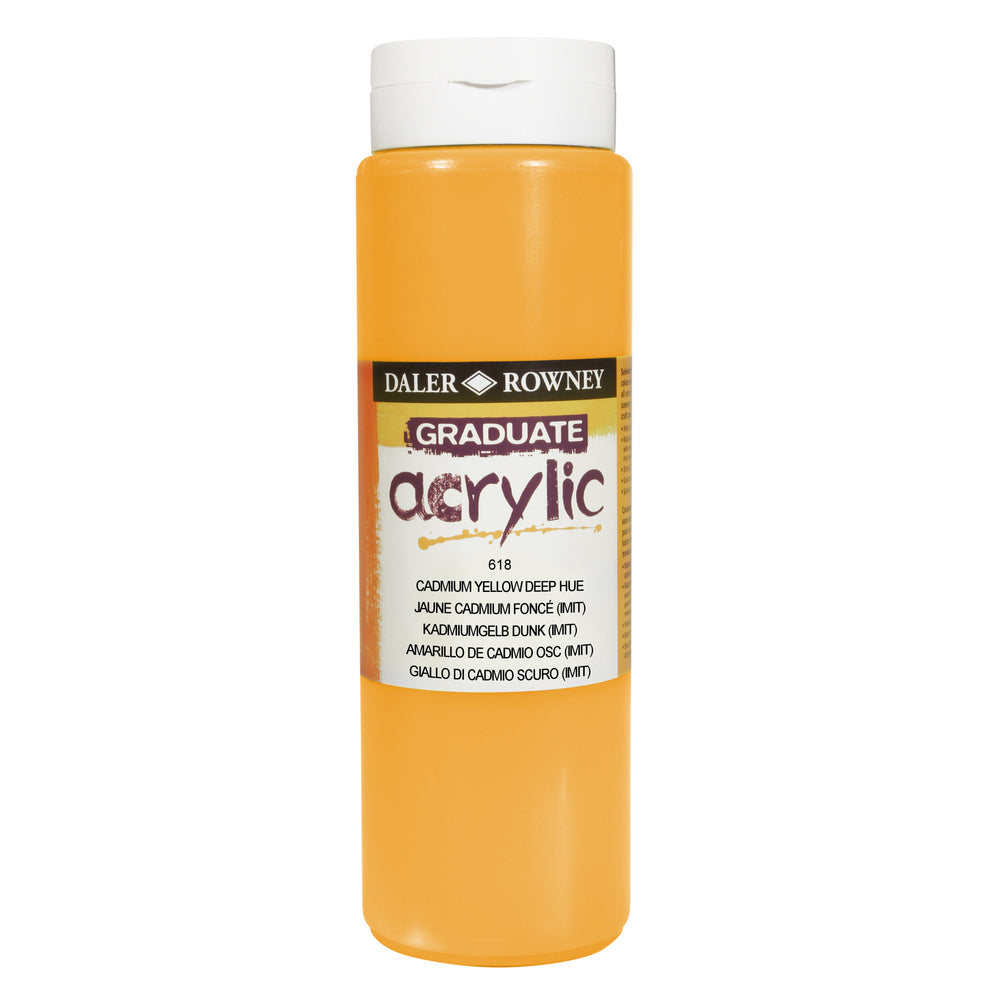 Daler Rowney Graduate Acrylic paint in Cadmium Yellow Deep Hue, 500ml, used for art and painting projects.