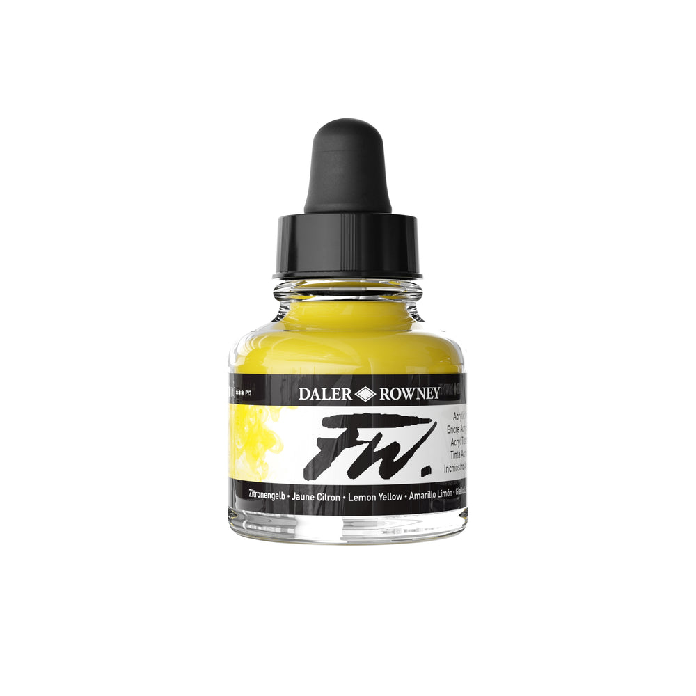 Daler Rowney Lemon Yellow acrylic ink in 29.5ml bottle, ideal for art and painting projects, displayed with vibrant color.