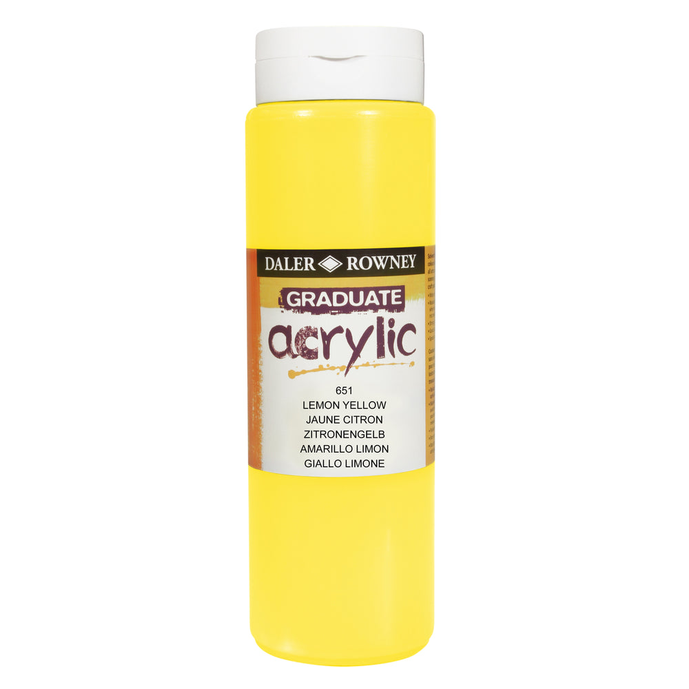 Daler Rowney Graduate Acrylic Lemon Yellow paint in 500ml bottle, ideal for art and craft projects.