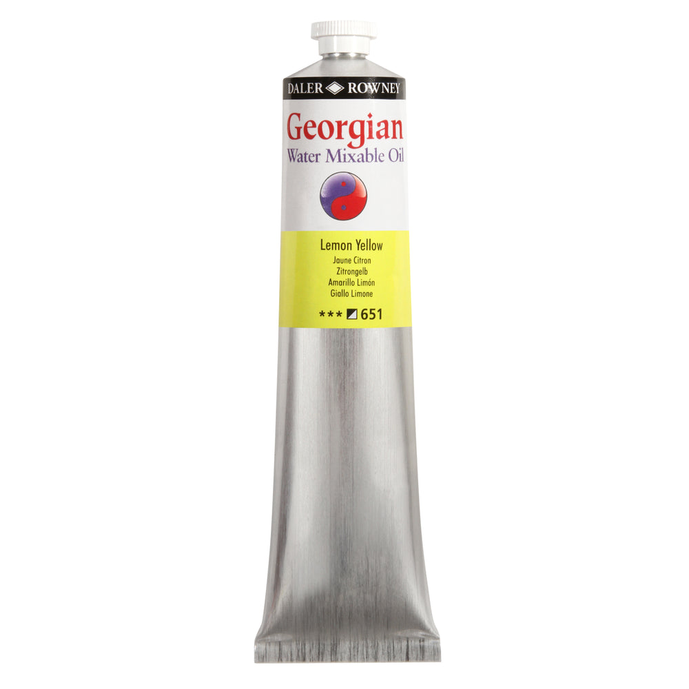 Daler Rowney Georgian Water Mixable Oil Paint Lemon Yellow 200ml tube, suitable for artists and painting projects.