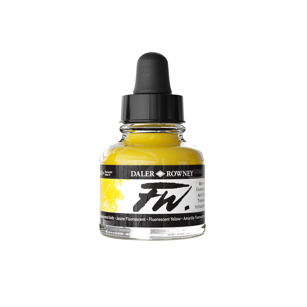 Daler Rowney fluorescent yellow acrylic ink in 29.5ml bottle, ideal for arts and crafts painting projects.