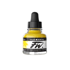 Daler Rowney fluorescent yellow acrylic ink in 29.5ml bottle, ideal for arts and crafts painting projects.