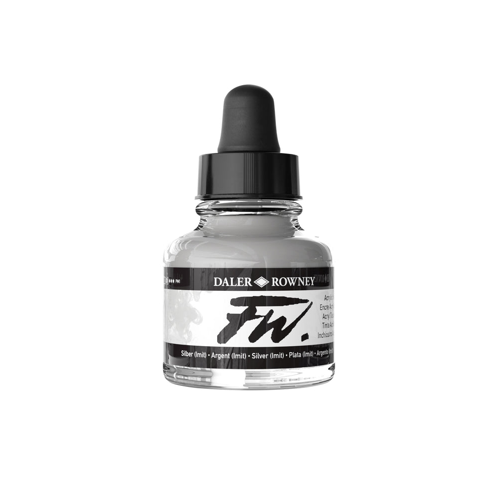 Daler Rowney Silver Imit Acrylic Ink in 29.5ml bottle, suitable for art and craft projects, produced by Tilgear.