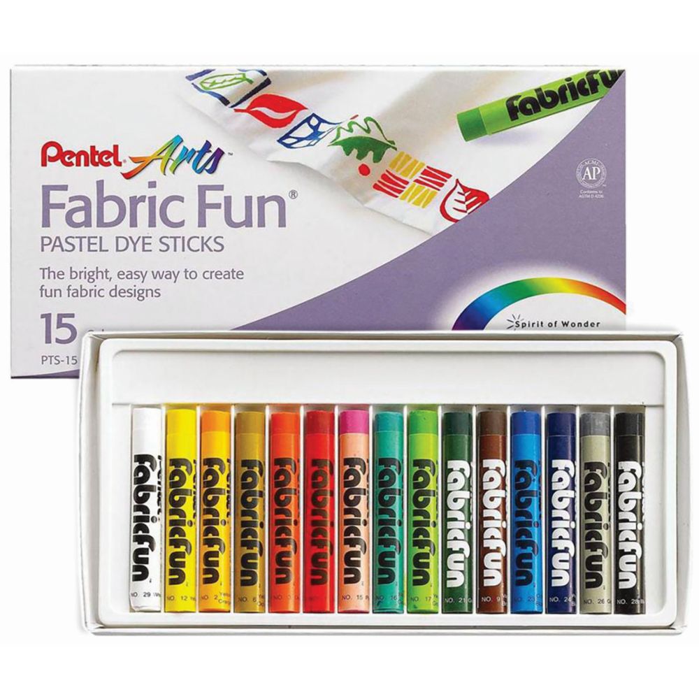Pentel Fabric Fun Pastel Dye Sticks 15-piece set for fabric painting and craft projects, colorful pastel dye sticks for textiles.