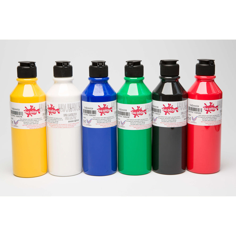 Assorted fabric paint bottles from Tilgear, 300ml each, in vibrant colors for art and craft projects.