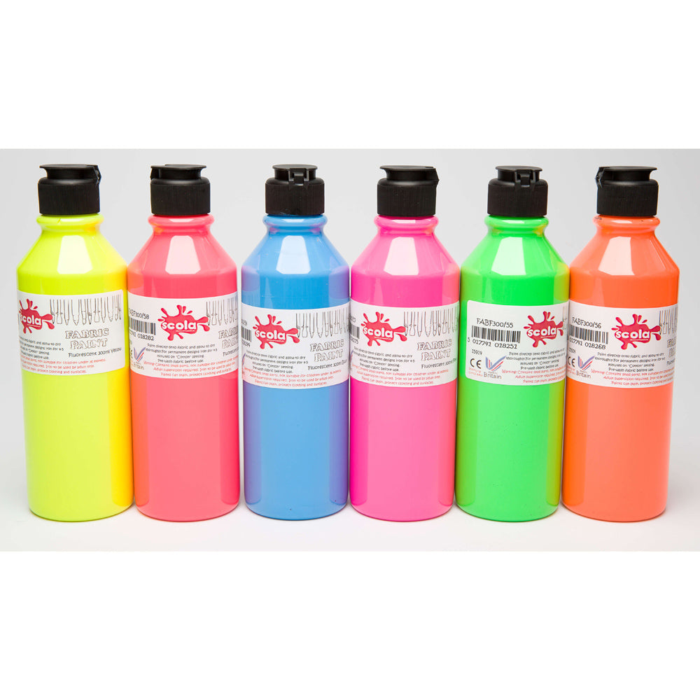 Six 300ml bottles of Tilgear fluorescent fabric paint for art and craft projects, featuring vibrant, glow-in-the-dark colors.