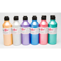Six 300ml bottles of Tilgear pearlescent fabric paint for art and craft projects, showcasing shiny, iridescent paint in colorful bottles.
