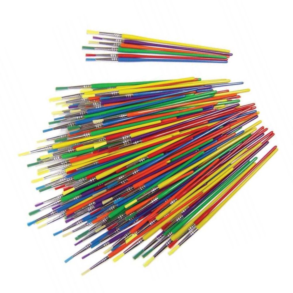 Assorted set of 144 synthetic economy paint brushes for art and craft projects, by Tilgear, displayed in a neat arrangement.